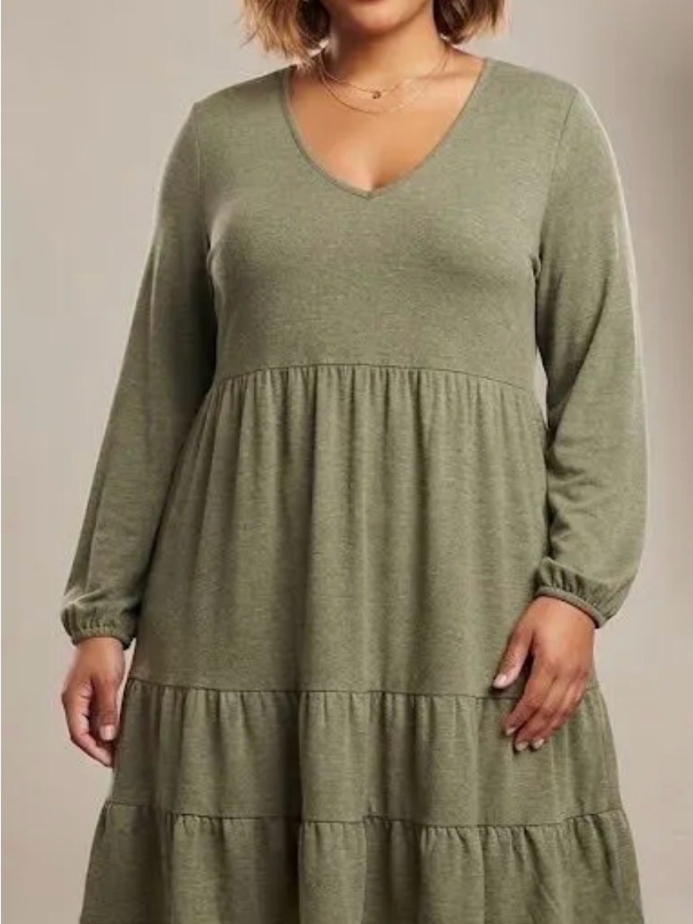 Emerald Olive Green V-Neck Tiered Long Sleeve Dress